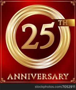 Anniversary ring gold. Anniversary gold ring logo number 25. Anniversary card. Red background. Vector illustration.