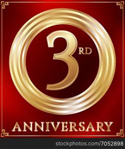 Anniversary ring gold. Anniversary gold ring logo number 3. Anniversary card. Red background. Vector illustration.