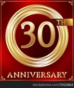 Anniversary ring gold. Anniversary gold ring logo number 30. Anniversary card. Red background. Vector illustration.