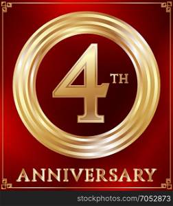 Anniversary ring gold. Anniversary gold ring logo number 4. Anniversary card. Red background. Vector illustration.