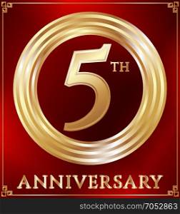 Anniversary ring gold. Anniversary gold ring logo number 5. Anniversary card. Red background. Vector illustration.