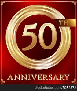 Anniversary ring gold. Anniversary gold ring logo number 50. Anniversary card. Red background. Vector illustration.