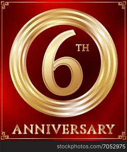 Anniversary ring gold. Anniversary gold ring logo number 6. Anniversary card. Red background. Vector illustration.