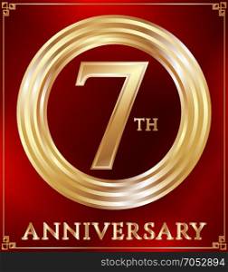 Anniversary ring gold. Anniversary gold ring logo number 7. Anniversary card. Red background. Vector illustration.