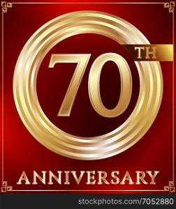 Anniversary ring gold. Anniversary gold ring logo number 70. Anniversary card. Red background. Vector illustration.