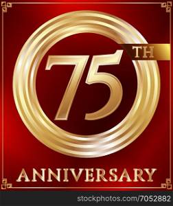 Anniversary ring gold. Anniversary gold ring logo number 75. Anniversary card. Red background. Vector illustration.