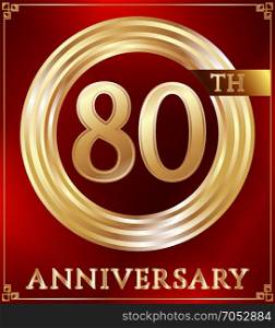 Anniversary ring gold. Anniversary gold ring logo number 80. Anniversary card. Red background. Vector illustration.