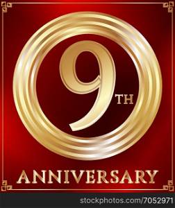 Anniversary ring gold. Anniversary gold ring logo number 9. Anniversary card. Red background. Vector illustration.
