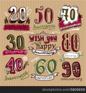 Anniversary signs set. Anniversary celebration ceremony congratulations sketch signs colored collection set isolated vector illustration