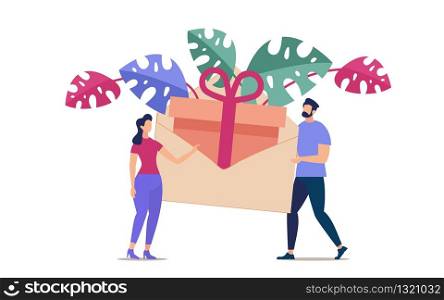 Anniversary Surprise, Salary Bonus, Holiday Invitation Delivery Flat Vector Concept Isolated on White Background. Man Giving Opened Envelope with Gift Box Inside to Woman Illustration. Courier Service
