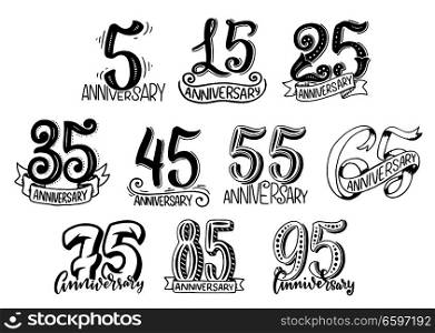 Anniversary year numbers lettering for birthday greeting card design. Vector isolated doodle sketch set from 5 to 95 anniversary age numbers with ribbons and flourish retro calligraphy. Vector hand lettering for anniversary year numbers