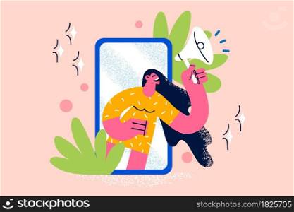 Announcement and marketing online concept. Young female cartoon character speaking shouting from mobile phone screen with speaker vector illustration . Announcement and marketing online concept.