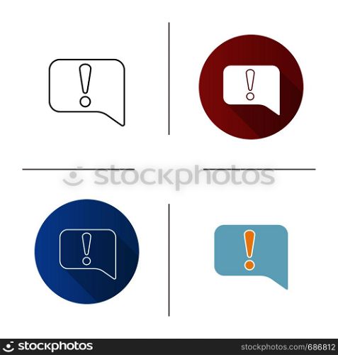 Announcement icon. Notification. Flat design, linear and color styles. Speech bubble with exclamation mark. System error message. Isolated vector illustrations. Announcement icon