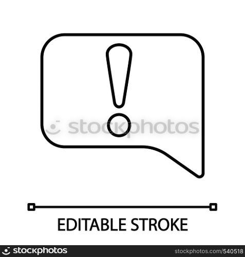 Announcement linear icon. Notification. Thin line illustration. Speech bubble with exclamation mark. System error message. Contour symbol. Vector isolated outline drawing. Editable stroke. Announcement linear icon