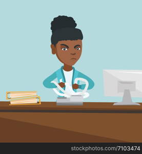 Annoyed african-american accountant sitting in office and tearing furiously bills or invoices. Young angry accountant calculating bills. Vector cartoon illustration. Square layout.. Angry african accountant tearing bills or invoices