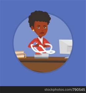 Annoyed african-american business woman sitting in office and tearing furiously bills. Young angry businesswoman calculating bills. Vector flat design illustration in the circle isolated on background. Angry business woman tearing bills or invoices.