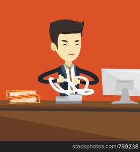 Annoyed asian business man sitting in office and tearing furiously bills. Young angry businessman calculating bills. Angry businessman tearing invoices. Vector flat design illustration. Square layout.. Angry business man tearing bills or invoices.