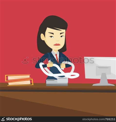 Annoyed asian business woman sitting in office and tearing furiously bills. Angry businesswoman calculating bills. Angry businesswoman tearing invoices. Vector flat design illustration. Square layout.. Angry business woman tearing bills or invoices.