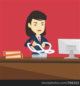 Annoyed asian business woman sitting in office and tearing furiously bills. Angry businesswoman calculating bills. Angry businesswoman tearing invoices. Vector flat design illustration. Square layout.. Angry business woman tearing bills or invoices.