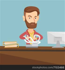Annoyed caucasian business man sitting in office and tearing furiously bills. Young angry hipster business man with the beard calculating bills. Vector flat design illustration. Square layout.. Angry business man tearing bills or invoices.