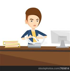Annoyed caucasian business woman sitting in office and tearing furiously bills. Young angry business woman calculating bills. Vector flat design illustration isolated on white background.. Angry business woman tearing bills or invoices.