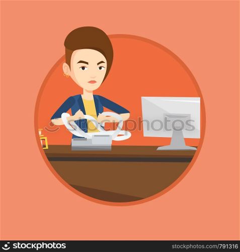 Annoyed caucasian business woman sitting in office and tearing furiously bills. Young angry business woman calculating bills. Vector flat design illustration in the circle isolated on background.. Angry business woman tearing bills or invoices.