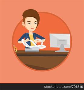 Annoyed caucasian business woman sitting in office and tearing furiously bills. Young angry business woman calculating bills. Vector flat design illustration in the circle isolated on background.. Angry business woman tearing bills or invoices.