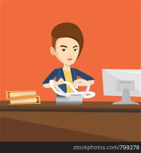 Annoyed caucasian business woman sitting in office and tearing furiously bills. Young angry business woman calculating bills. Vector flat design illustration. Square layout.. Angry business woman tearing bills or invoices.
