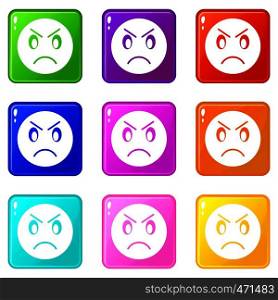 Annoyed emoticons of 9 color set isolated vector illustration. Annoyed emoticons 9 set