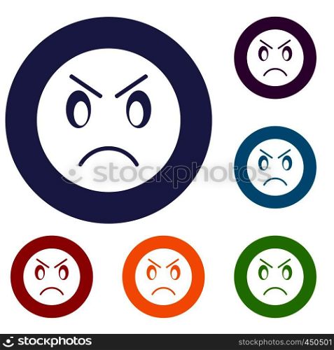 Annoyed emoticons set in flat circle reb, blue and green color for web. Annoyed emoticons set
