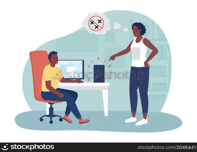 Annoying music playing 2D vector isolated illustration. Angry mother scolding noisy teen flat characters on cartoon background. Parent kid conflict. Disrespectful teenage behavior colourful scene. Annoying music playing 2D vector isolated illustration