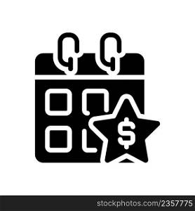 Annual bonus black glyph icon. Boosting employee engagement. Extra money to regular paycheck. Year-end bonus. Silhouette symbol on white space. Solid pictogram. Vector isolated illustration. Annual bonus black glyph icon
