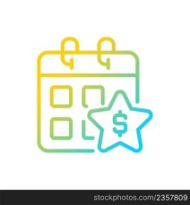 Annual bonus gradient linear vector icon. Boosting employee engagement. Extra money to regular paycheck. Year-end bonus. Thin line color symbol. Modern style pictogram. Vector isolated outline drawing. Annual bonus gradient linear vector icon