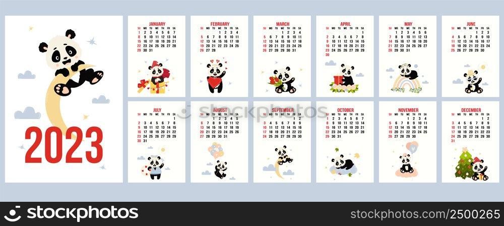 Annual calendar 2023 with cute panda. set of vertical templates, planner for 12 months 2023 and cover with bear on moon. Vector illustration. Week starts on Sunday. In English