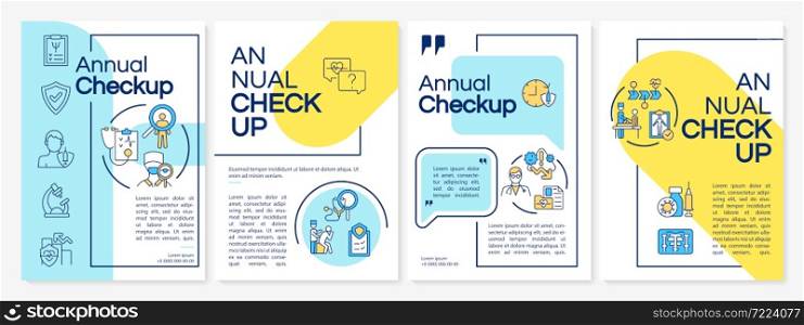 Annual checkup blue and yellow brochure template. Medical exam. Flyer, booklet, leaflet print, cover design with linear icons. Vector layouts for presentation, annual reports, advertisement pages. Annual checkup blue and yellow brochure template