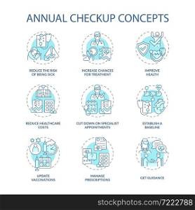 Annual checkup blue concept icons set. Regular medical examination idea thin line color illustrations. Disease complications prevention. Healthcare. Vector isolated outline drawings. Editable stroke. Annual checkup blue concept icons set