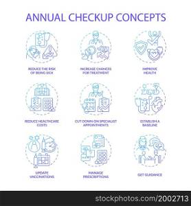 Annual checkup blue gradient concept icons set. Regular medical examination idea thin line color illustrations. Disease complications prevention. Healthcare. Vector isolated outline drawings. Annual checkup blue gradient concept icons set
