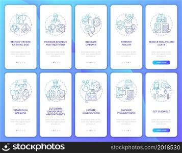 Annual checkup blue gradient onboarding mobile app page screen set. Benefits walkthrough 5 steps graphic instructions with concepts. UI, UX, GUI vector template with linear color illustrations. Annual checkup blue gradient onboarding mobile app page screen set