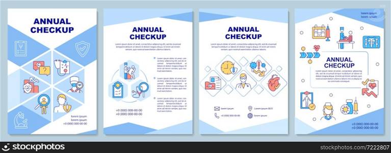 Annual checkup brochure template. Healthcare. Medical exam. Flyer, booklet, leaflet print, cover design with linear icons. Vector layouts for presentation, annual reports, advertisement pages. Annual checkup brochure template