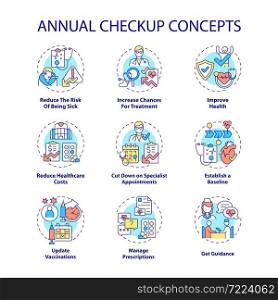 Annual checkup concept icons set. Regular medical examination idea thin line color illustrations. Disease complications prevention. Healthcare. Vector isolated outline drawings. Editable stroke. Annual checkup concept icons set
