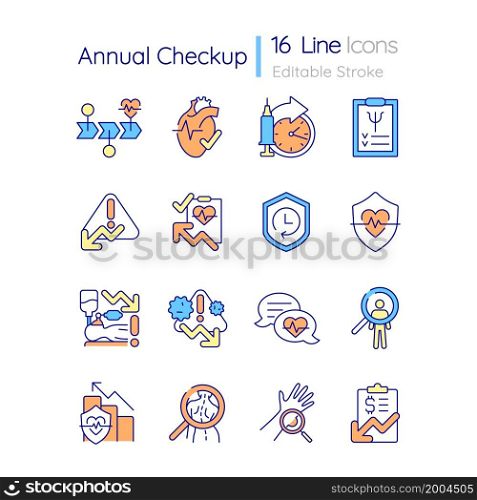 Annual checkup RGB color icons set. Physical examination. Medical testing and screening. Prevent illness. Isolated vector illustrations. Simple filled line drawings collection. Editable stroke. Annual checkup RGB color icons set