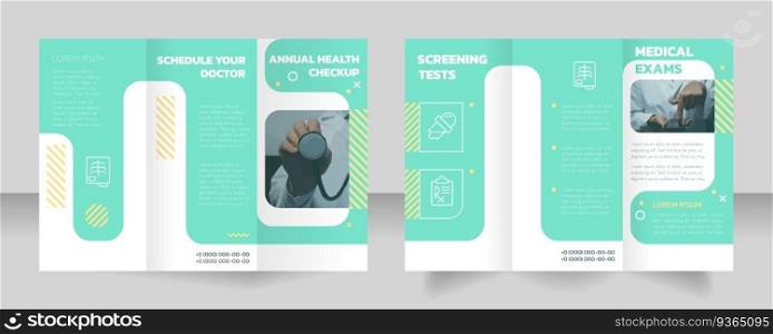 Annual health screening trifold brochure template with photo. Medical exams. Z fold leaflet set with copy space for text. Editable 3 panel flyers. Kanit Bold, Josefin Sans Regular fonts used. Annual health screening trifold brochure template with photo