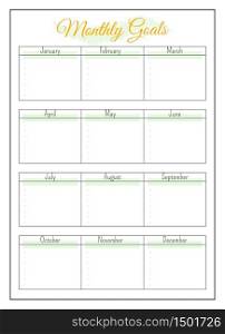 Annual monthly goals minimalist planner page design. Schedule grid for timetable plan. Event memo. Task for month bullet journal printable sheet. Personal organizer. Notebook vector template. Annual monthly goals minimalist planner page design
