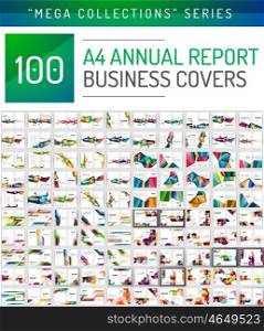Annual report covers mega collection, A4 size brochure templates created with geometric modern patterns - squares, lines, triangles, waves