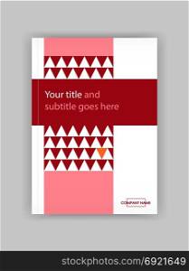 Annual report with red geometric figures, triangles. Book cover design, journal template, banner, presentation, flyer, article background. Vector.