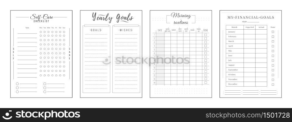 Annual resolution minimalist planner page set. Self care checklist. Goals and wishes. Finance management. Timetable personal organizer printable sheet layout. Vertical insert for diary. Annual resolution minimalist planner page set