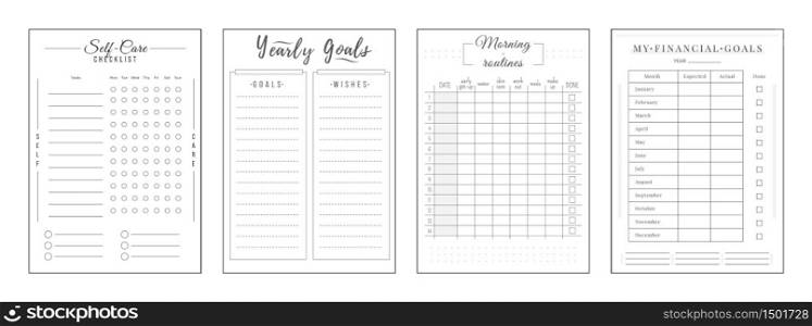 Annual resolution minimalist planner page set. Self care checklist. Goals and wishes. Finance management. Timetable personal organizer printable sheet layout. Vertical insert for diary. Annual resolution minimalist planner page set