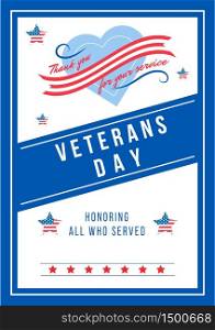 Annual Veterans Day poster flat vector template. Civil War heroes memorial. US freedom and liberty. Brochure, booklet one page concept design. American national holiday flyer, leaflet. Annual Veterans Day poster flat vector template