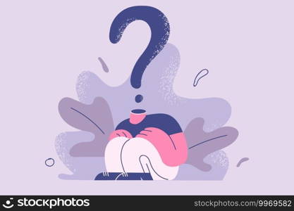 Anonymity, identity, uncertainty concept. Headless man sitting on floor with invisible face with question mark instead of head like mask vector illustration . Anonymity, identity, uncertainty concept