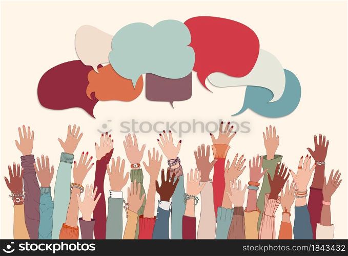 Anonymous arms and raised hands of multiethnic multicultural group people. Racial equality.Speech bubble.Crowd diversity people.Man and women of diverse races.Communication. Male female